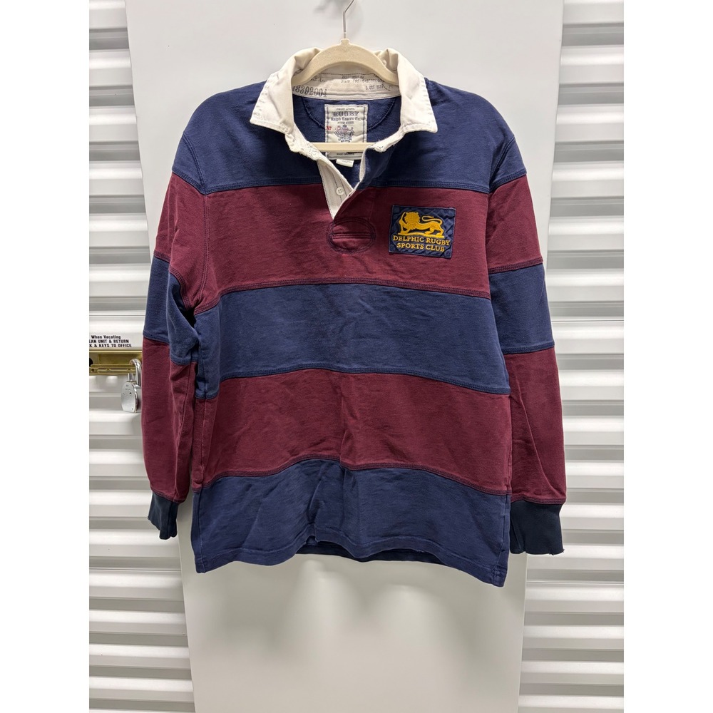 Vintage 2004 Rugby Ralph Lauren Polo Shirt Mens M Navy Burgundy Striped Crest